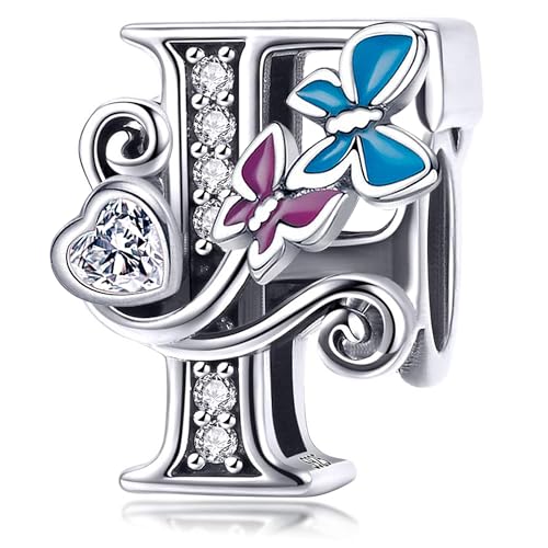 S925 Silver Butterfly Initial Letter Charms Fit for Pandora Charms Bracelets and Necklace Alphabet Bead Charms Jewelry Gifts for Women - color: F