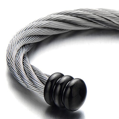 COOLSTEELANDBEYOND Large Elastic Adjustable Steel Twisted Wire Cuff Bangle Bracelet for Men Women - color: E-Metal Color: Silver & Black
