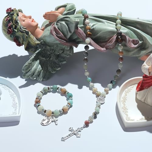 Rosary for Men Women, Natural Stone Beads with St. Benedict Bracelet | 8 mm Natural Stone Prayer Beads with 10 mm Accent Beads, St. Benedict Crucifix, Matching Bracelet, Gift Box and Pouch. - color: Amazonite