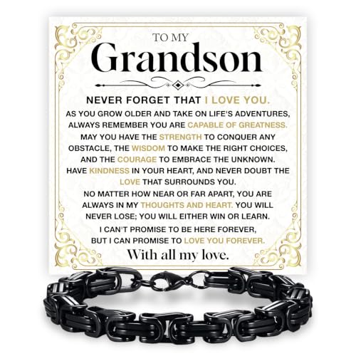 Grandson Gifts from Grandma Grandpa, Black Stainless Steel Bracelet with Meaningful Message Card, Birthday Gift for Grandson, Graduation Christmas Gift, Inspirational Keepsake Jewelry for Men - color: Grandson #2