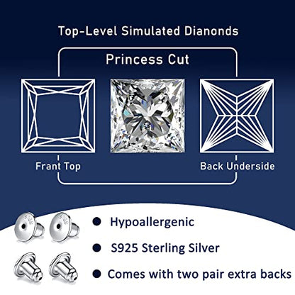Princess Cut Cubic Zirconia Stud Earrings for Men Women | Square CZ Simulated Diamond Studs, 18K White Gold Plated Sterling Silver, Hypoallergenic - color: White Gold, size: 4MM