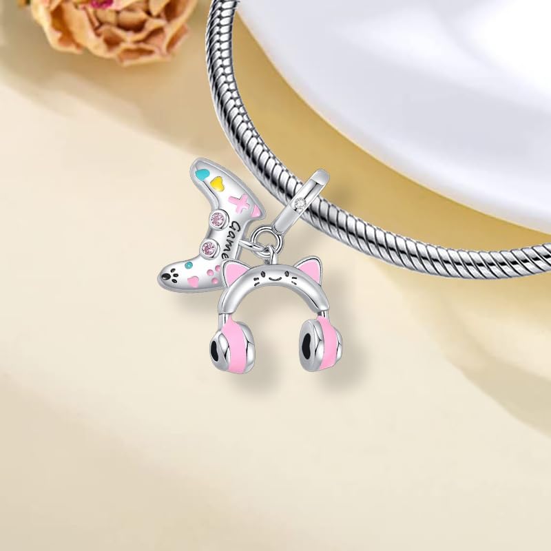 925 Sterling Silver Charms for Bracelets and Necklaces Lipstick and Perfume High Heels Dangle Pendants Heart Butterfly Bead Charms Halloween Christmas Gift for Womens - style: Game Controller Headset Dangle