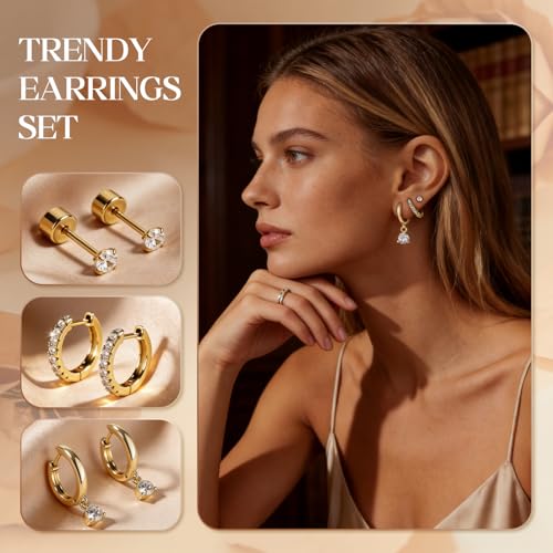 14K Gold Hoop Dangle Stud Earrings Surgical Steel Helix Piercing | Hypoallergenic,Cubic Zirconia,3 Pairs Huggie Hoop Set for Women,Dangle Stud,Cartilage Tragus Conch Earring,Jewelry Gift - color: A5-Gold Round CZ B