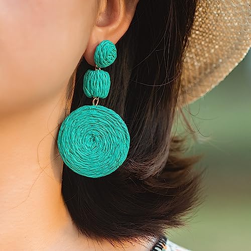 Statement Raffia Boho Round Dangle Ball Earrings - Cute Handmade Summer Bohemian Dangling Jewelry for Women - color: Teal