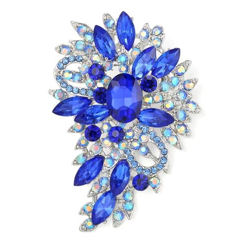 EVER FAITH Women's Austrian Crystal Wedding Flower Leaf Bouquet Brooch - color: Royal Blue Silver-Plated-Base
