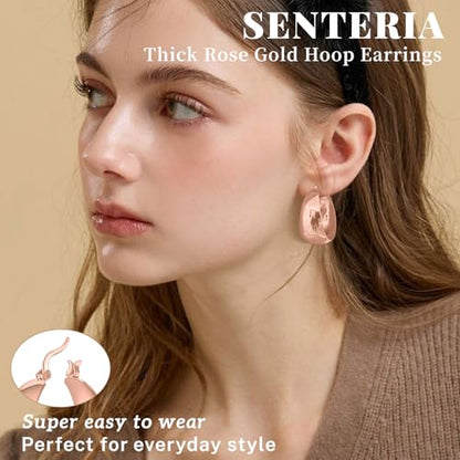 Senteria 12mm Wide Thick Sterling Silver Hoop Earrings Hypoallergenic | 14K Real Gold Plated Hoops Large Earring Lightweight Chunky Hoops Earring for Women Gift for Birthday Christmas 25/30/40/50MM - color: Rose Gold-25mm