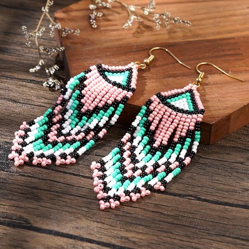 Bohemian Tassel Colorful Beaded Earrings For Women Trendy, Long Fringe Feather Drop Jewelry Handmade Gifts. - color: color5