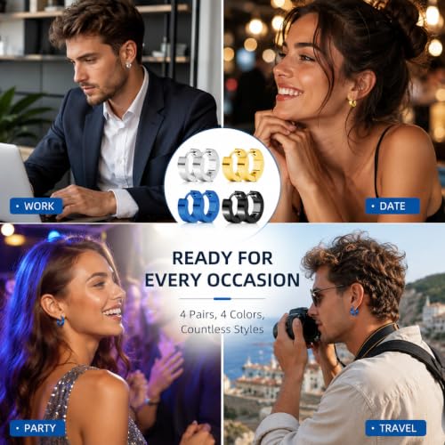 4 Pairs Unisex Hoop Earrings Set – 4 Color Stainless Steel Small Huggie Earrings for Men & Women (Gold, Silver, Black, Blue) | Hypoallergenic Ear Piercing Jewelry