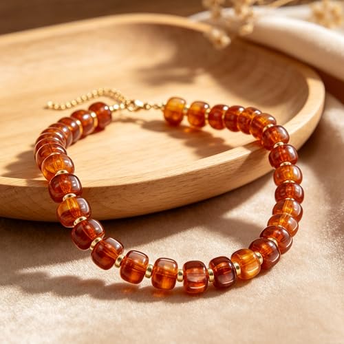 AOZEL Chunky Resin Beaded Necklace for Women Colorful Bead | Summer Beach, Waterproof, Fade Resistant, Adjustable Length, Boho Statement, for Daily Wear & Gifting - color: Amber