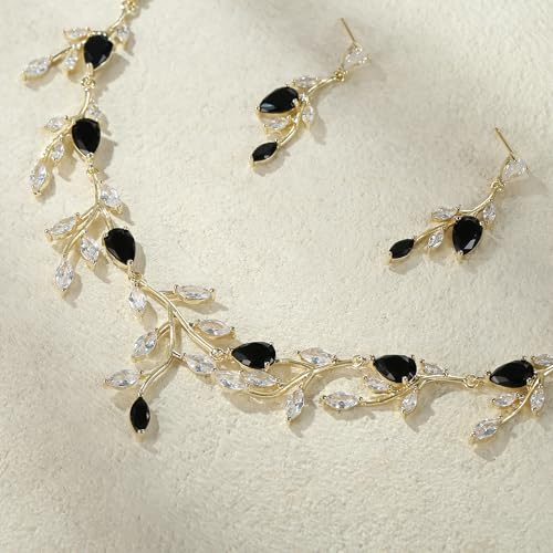 Cubic Zirconia Leaf Vine Wedding Jewelry Set for Bride Women Bridesmaid | Pear-Shaped Birthstone, Necklace Dangle Earrings for Bridesmaid, Silver-Plated-Brass - color: 2pcs_Black Gold-Plated-Brass