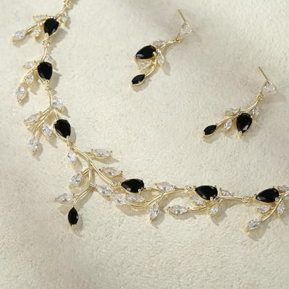 Cubic Zirconia Leaf Vine Wedding Jewelry Set for Bride Women Bridesmaid | Pear-Shaped Birthstone, Necklace Dangle Earrings for Bridesmaid, Silver-Plated-Brass - color: 2pcs_Black Gold-Plated-Brass