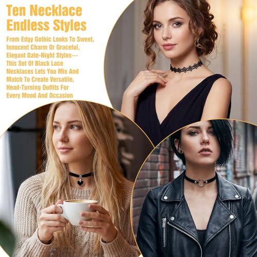 10Pcs Black Choker Necklaces Black Velvet Choker Set for Women | Adjustable Layered Velvet Chokers, Lace Chokers, Necklace Accessories