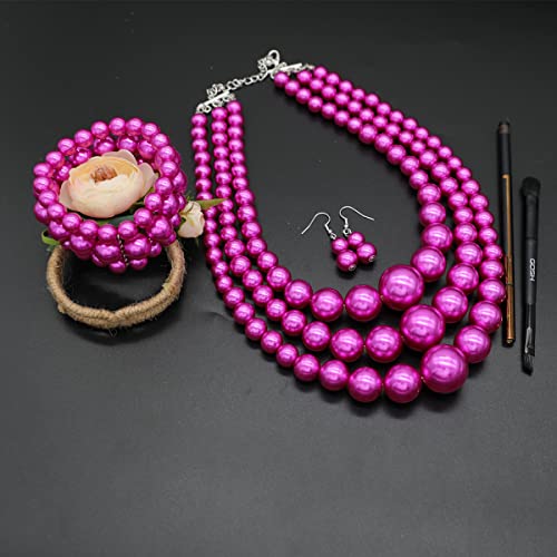 Big Chunky Pearl Necklace and Earrings Set Large Costume 1920s Faux Pearls Gatsby Accessories - color: A-Fuchsia