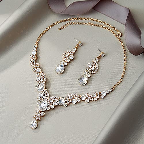 EVER FAITH Rhinestone Crystal Bridal Floral Wave Teardrop Necklace Earrings Set - color: 2pcs_Clear Gold-Plated-Base