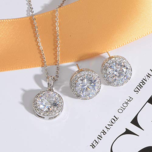 Bridal Crystal Jewelry Set - Sterling Silver Round Cubic Zirconia CZ Rhinestone Halo Birthstone Pendant Necklace Stud Earrings Set for Wedding Bride Bridesmaids Birthday Gift - color: White Gold