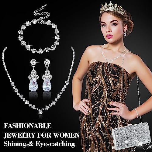 Mixweer 4 Pieces Clutch Purses Bag for Women Evening Rhinestone Jewelry Set Bling Necklace Earrings Bracelets Set for Wedding - style: Chic Style