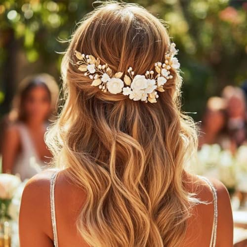 Flower Bride Wedding Hair Vine Pearl Bridal Hair Piece Leaf Hair Accessories Rhinestone Headband for Women (Gold) - color: Gold