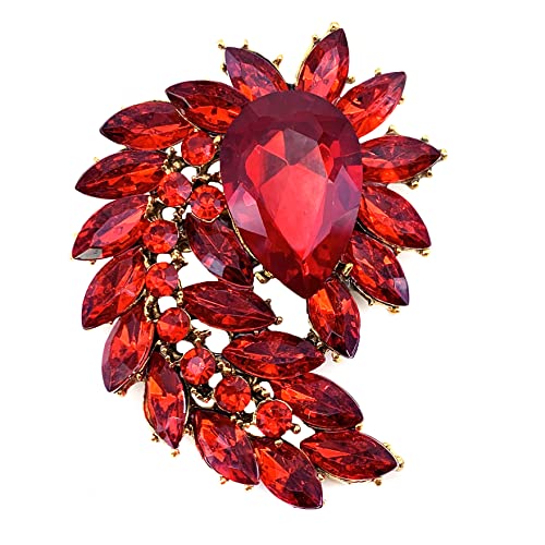SELOVO Marquise Shape Rhinestone Red Leaf Costume Brooch Pin Jewelry Antiqued Gold Tone - color: Red