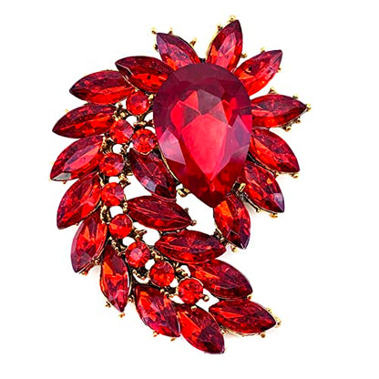 SELOVO Marquise Shape Rhinestone Red Leaf Costume Brooch Pin Jewelry Antiqued Gold Tone - color: Red