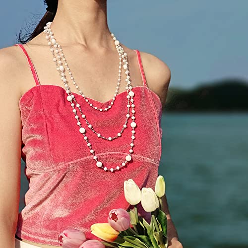 Firstmeet Long Chain Multi Layer Fashion Glass Beads Handmade Necklace for Women - color: White-y