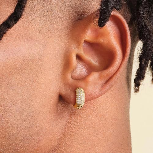 Hoop Earrings for Men - 14K Gold Plated Cartilage Huggie Earrings | Cubic Zirconia, Lightweight, CZ Inlaid, Hypoallergenic for Sensitive Ears, Mens jewelry Gift for Him - style: gold chunky