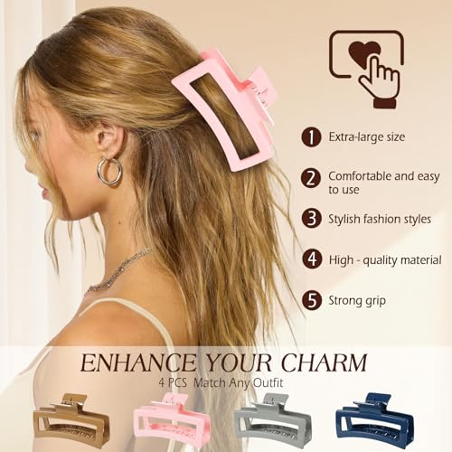 4 PCS 5 Inch Extra Large Claw Clips for Women, Jumbo Claw clips for Thick Long Curly Hair, Rectangle Matte Hair Claws Clips, Non-slip Square Hair Clips for Women - color: Blue&Pink