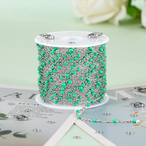 KYUNHOO 5 Meters Green Enamel Beaded Cable Chain Links for Jewelry Making | Silver Necklace Bulk Stainless Steel Jewelry Chains with Clasps Jewelry Supplies for Women DIY Crafts - color: silver-light green