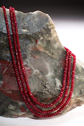 AAA Natural Ruby Gemstones 3-4.5mm Multi Strand, 3 Line Layer Gemstone Rondelle Necklace 20" Plus 9" Adjustable Thread. 270Ct