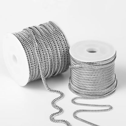 33FT Stainless Steel Cuban Chain 3.8mm Double Link Chain for Jewelry Making | Diamond-Cut Silver Curb Chain Roll Bulk for Necklace Bracelet Crafts - color: 3.88mm curb chain