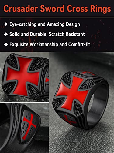 FaithHeart Mens Stainless Steel Crusader Jerusalem Cross Ring with 18K Gold Plated Two Tone Ring Size 7,8,9,10,11,12 - color: 03. Shield Cross-Black