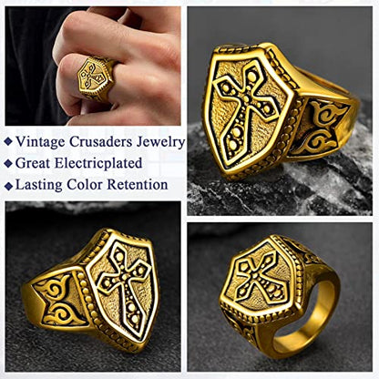 FaithHeart Mens Stainless Steel Crusader Jerusalem Cross Ring with 18K Gold Plated Two Tone Ring Size 7,8,9,10,11,12 - color: 08. Shield-Gold(Custom)