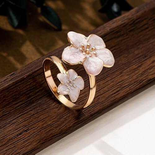 NewZenro Elegant Flower Enamel Adjustable Open Ring for Women Gold-Tone Plated Chic Cherry Blossoms Floral Statement Finger Wrap Band Rings Comfort Fit Wedding Party Prom Fashion Jewelry - color: White
