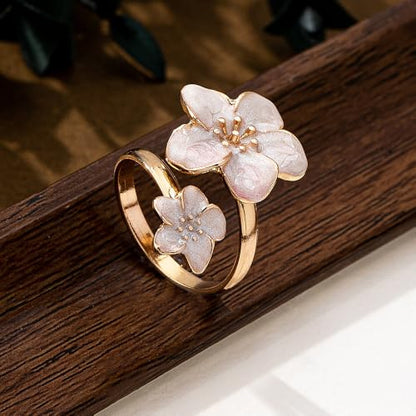 NewZenro Elegant Flower Enamel Adjustable Open Ring for Women Gold-Tone Plated Chic Cherry Blossoms Floral Statement Finger Wrap Band Rings Comfort Fit Wedding Party Prom Fashion Jewelry - color: White