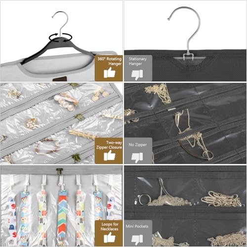 SMRITI Hanging Jewelry Organizer with Dual Zippered Pockets Canvas Double Sided Rotating Hanger Necklace Hanging Wall Organizer Earring Dustproof Holder Wall Mount Accessories Display Bag(Light Grey) - color: Light Grey