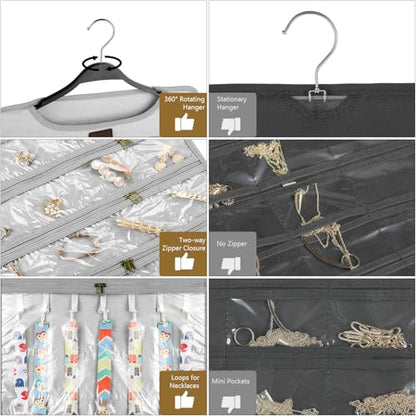 SMRITI Hanging Jewelry Organizer with Dual Zippered Pockets Canvas Double Sided Rotating Hanger Necklace Hanging Wall Organizer Earring Dustproof Holder Wall Mount Accessories Display Bag(Light Grey) - color: Light Grey