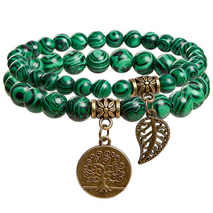 Bivei Natural Semi Precious Gemstone beads bracelet for women - Life Tree and Leaf Charm Energy Reiki Crystal Stretch Bracelets - color: Malachite Bracelet Set, size: Medium:6.8-7.24inch