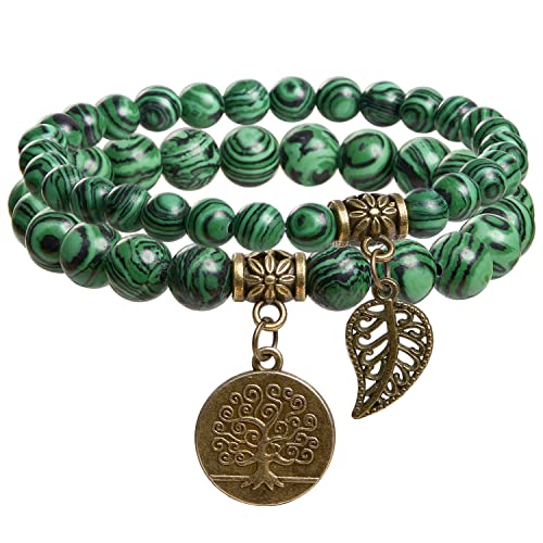 Bivei Natural Semi Precious Gemstone beads bracelet for women - Life Tree and Leaf Charm Energy Reiki Crystal Stretch Bracelets - color: Malachite Bracelet Set, size: Medium:6.8-7.24inch