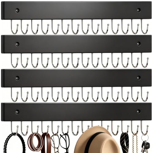 4Pack Necklace Wall Holder Wooden Mount Bulk with 56 Hooks Black | Space-saving jewelry storage rack, holds necklaces, earrings, rings and bracelets, decorative hanging display for bedroom