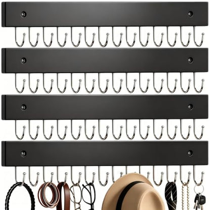 4Pack Necklace Wall Holder Wooden Mount Bulk with 56 Hooks Black | Space-saving jewelry storage rack, holds necklaces, earrings, rings and bracelets, decorative hanging display for bedroom