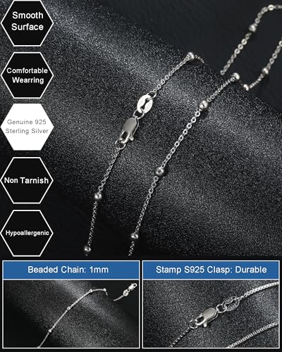 FUNEIA 925 Sterling Silver Necklace for Women Trendy Dainty Real Silver Chain Necklace Simple Thin Box Chain Beaded Chain Snake Chain Herringbone Necklaces Jewelry 14/16/18 Inch - color: 1.5mm Beaded Chain