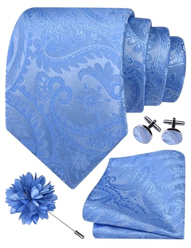 GUSLESON Paisley Tie Set for Men 3.15" Necktie Lapel Pin Hankerchief Cufflinks Set for Men - color: Baby Blue