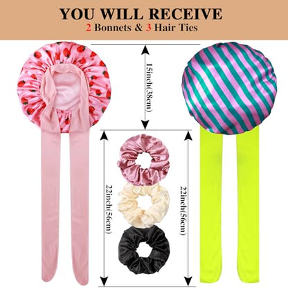 2+3 Large Satin Bonnets with Scrunchies for Women, Hair Bonnet Sleeping Tie Bonnet for Braids Curly Hair - color: K - Strawberry Pink, Stripes