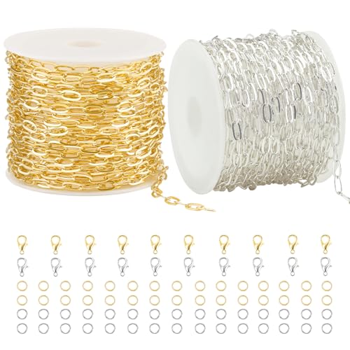 Kyutong 32.8 FT Gold and Silver Jewelry Making Chains Paperclip Chain Links | 2 Rolls Paper Clip Chain Necklace Brass Jewelry Findings with Clasps for Women DIY Jewelry Crafts - color: 3.2x6.3 Paperclip Chain