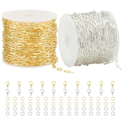 Kyutong 32.8 FT Gold and Silver Jewelry Making Chains Paperclip Chain Links | 2 Rolls Paper Clip Chain Necklace Brass Jewelry Findings with Clasps for Women DIY Jewelry Crafts - color: 3.2x6.3 Paperclip Chain