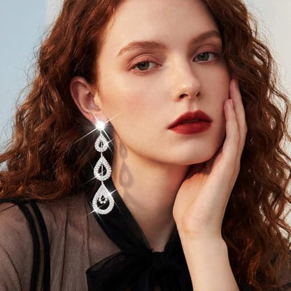 Catery Long Rhinestone Earrings Silver Pageant Earrings Dangling for Women Wedding - color: Silver