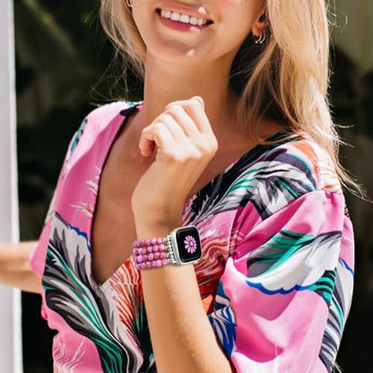 Newlibery Natural Stone Bracelet Beaded-Band Women Compatible with Apple Watch 42mm(S3/2/1) 44/45/46/49mm Feminine Handmade Stretch Strap for iWatch Series 11/10/9/8/7/6/5/4/3/2/1 SE 3/2/1 Ultra1/2/3 - color: A9 Rose Red, size: 46(s10/11)/49/45/44/42mm(s1