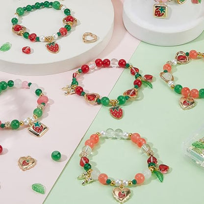 SUNNYCLUE 1 Box 6 Sets Christmas Fruit Bracelet Making Kits Enamel Strawberry Charms Red Green Glass Spring Food Alloy Light Gold Heart Flower Leaf Beads for Jewelry Making Kits Starter Supplies - style: Cherry 2