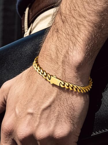 Bandmax Mens Hip Hop Cuban Link Bracelets 5/7/9/12MM Stainless Steel Miami Curb Chain Bracelet Silver/Gold Plated/Black Wristlet Chains for Men 7"-9" - color: 06 7MM-Gold