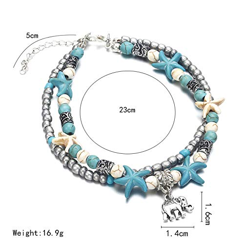 Softones Blue Starfish Turtle Anklet Multilayer Charm Beads Sea Handmade Boho Anklet Foot Jewelry for Women - style: J:Elephant