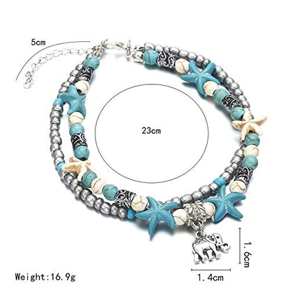 Softones Blue Starfish Turtle Anklet Multilayer Charm Beads Sea Handmade Boho Anklet Foot Jewelry for Women - style: J:Elephant